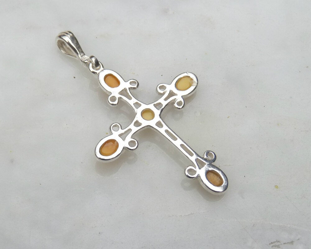 Baltic Amber Cross Pendant Butterscotch Natural Untreated Jewelry 2.1" 925 silver