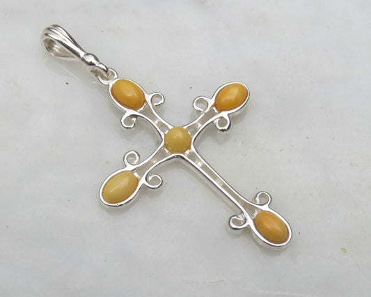 Baltic Amber Cross Pendant Butterscotch Natural Untreated Jewelry 2.1" 925 silver