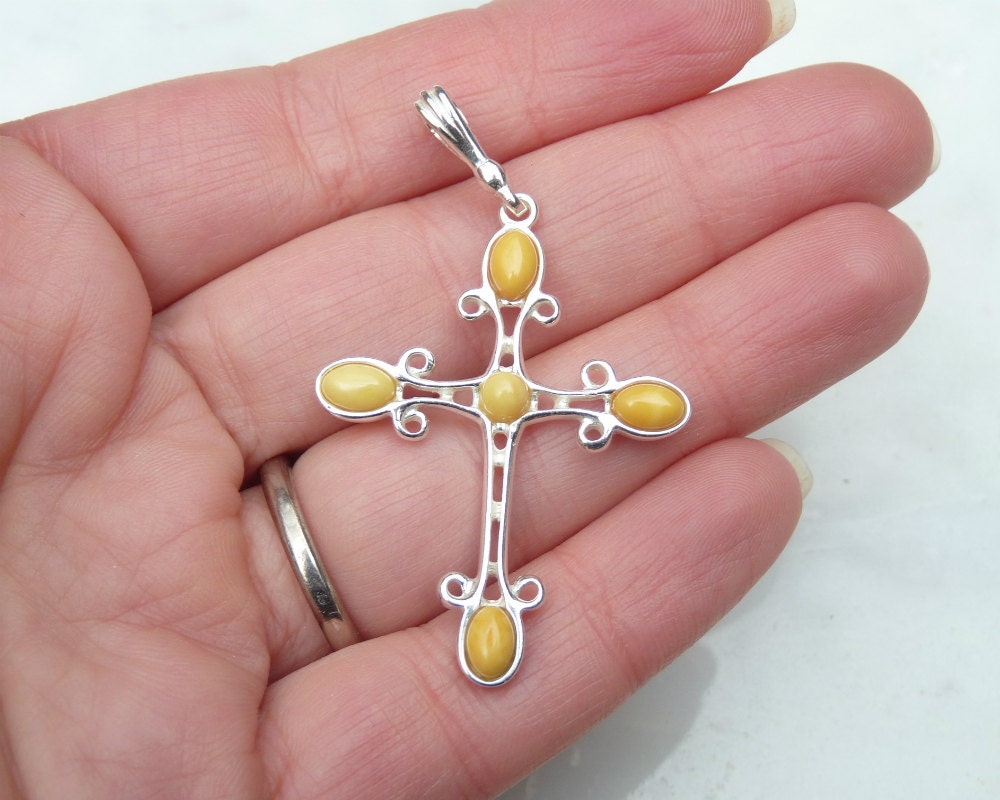 Baltic Amber Cross Pendant Butterscotch Natural Untreated Jewelry 2.1" 925 silver