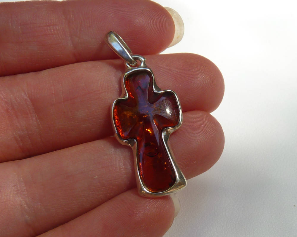 Baltic Amber Silver Cross Cognac Charm Unisex Natural 925 silver