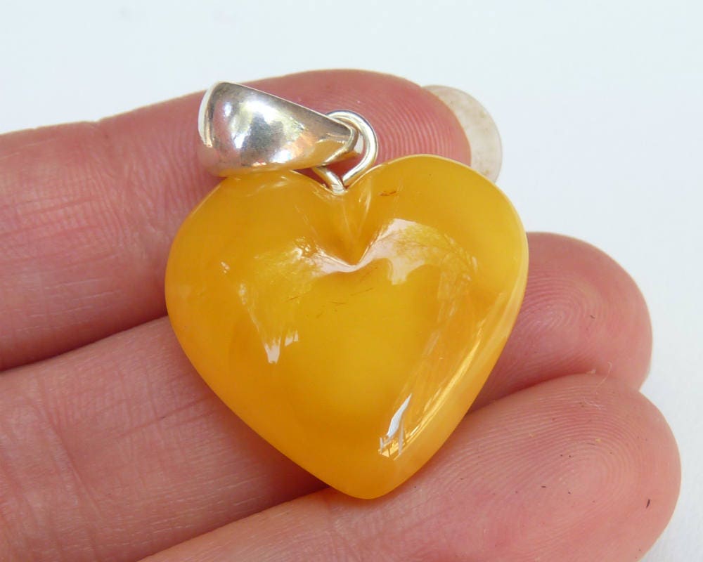 Baltic Amber Heart Pendant Antique Butterscotch Yolk Natural Untreated 1.29" 4.3 gram 925 Silver