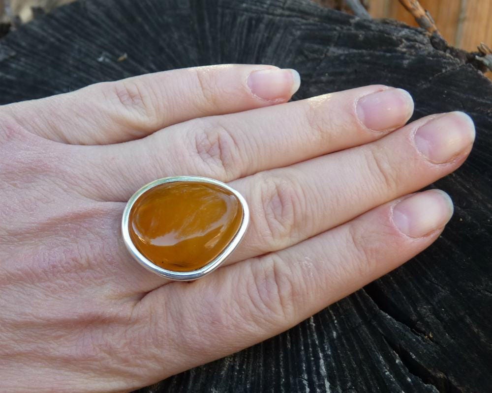 Baltic Amber Ring Honey Adjustable Cloudy Butterscotch Natural Untreated 925 Silver 10.1 gram