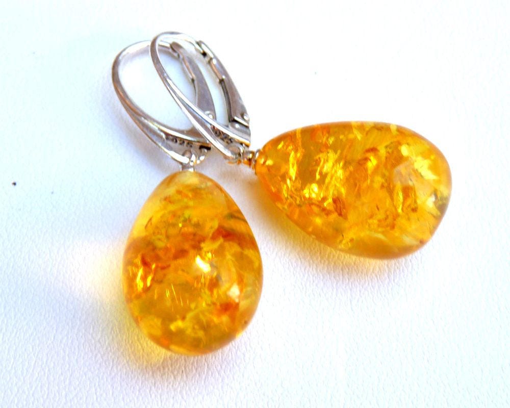 Baltic Amber Earrings Yellow Drop Lemon Sparkling Dangling Natural 1.65" 925 Silver