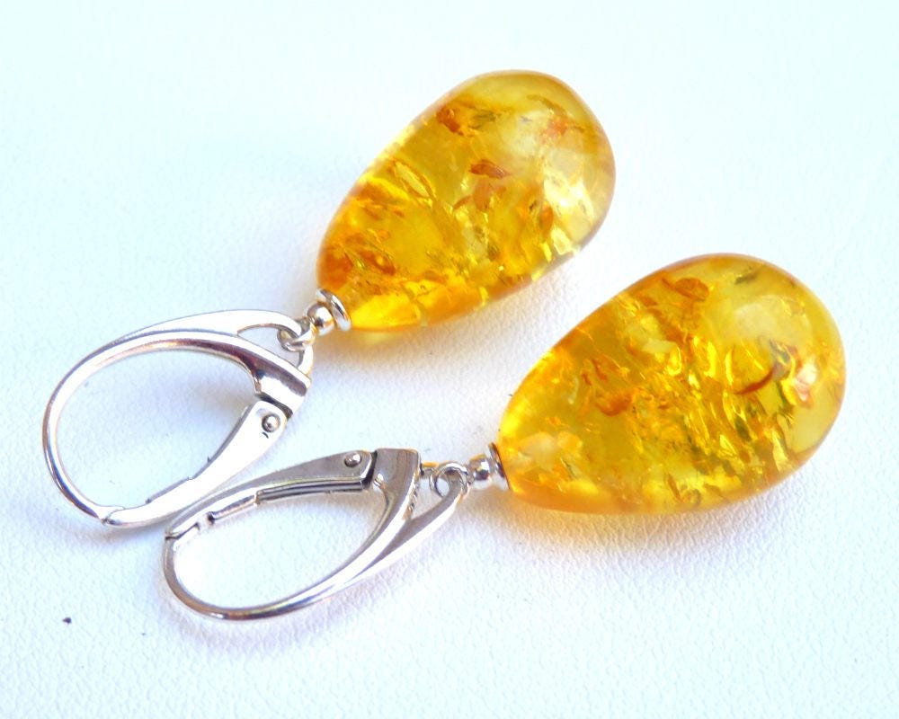 Baltic Amber Earrings Yellow Drop Lemon Sparkling Dangling Natural 1.65" 925 Silver