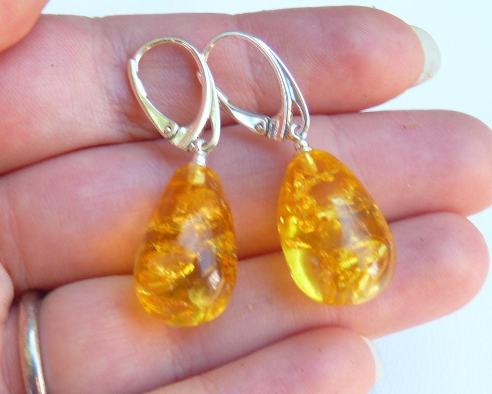 Baltic Amber Earrings Yellow Drop Lemon Sparkling Dangling Natural 1.65" 925 Silver