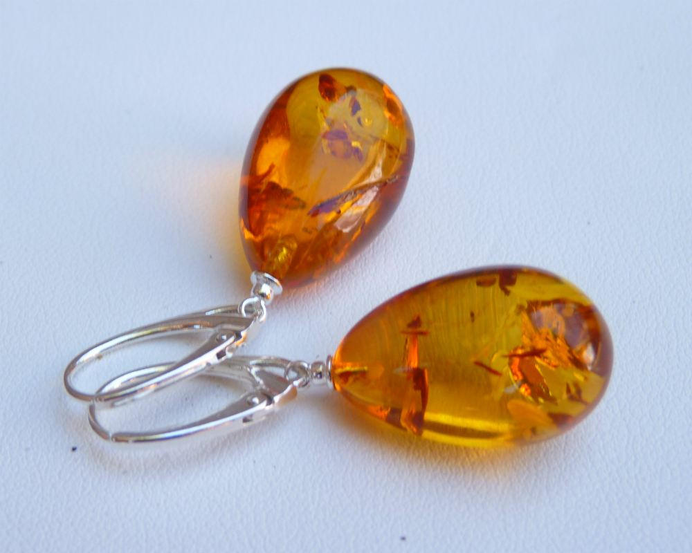 Baltic Amber Earrings Honey Drop Natural Sparkling Natural 1.61" 5.6 gram 925 Silver