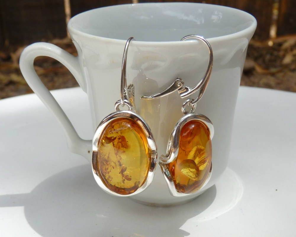 Baltic Amber Honey Earrings Natural Sparkling Oval Jewelry1.75" 11.2 gram 925 Silver