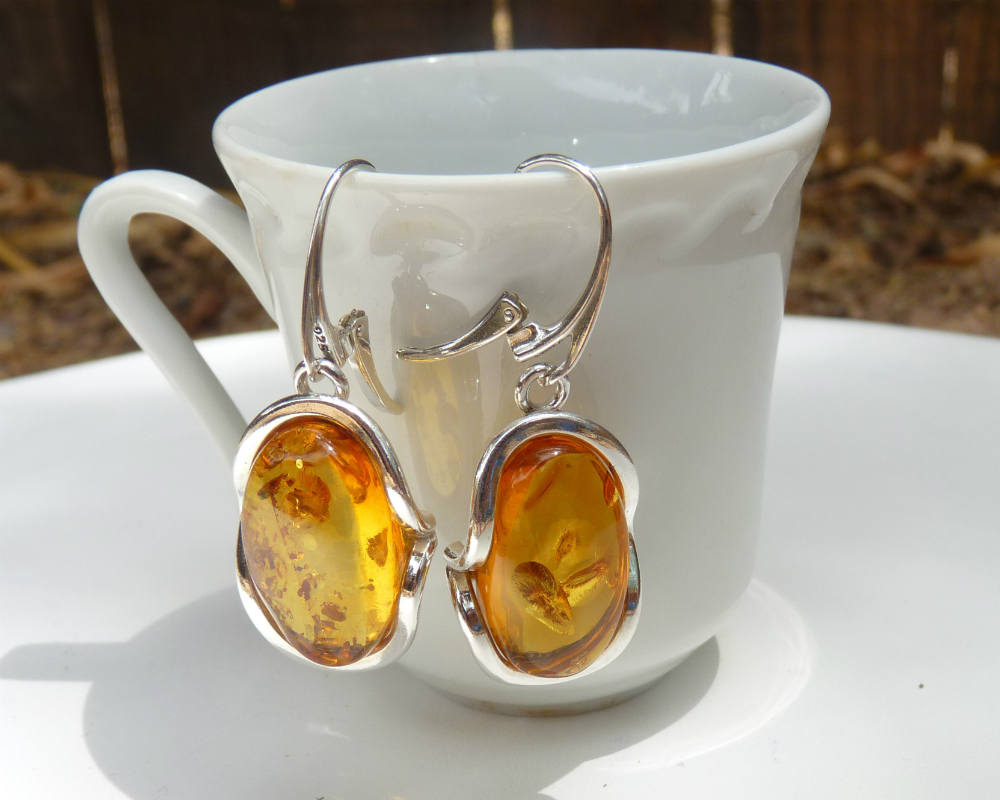 Baltic Amber Honey Earrings Natural Sparkling Oval Jewelry1.75" 11.2 gram 925 Silver