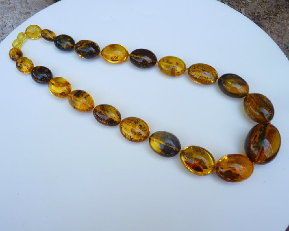 Baltic Amber Necklace with Inclusions Olive Beads Natural Raw Untreated Yellow Jewelry 20″ 65 gram