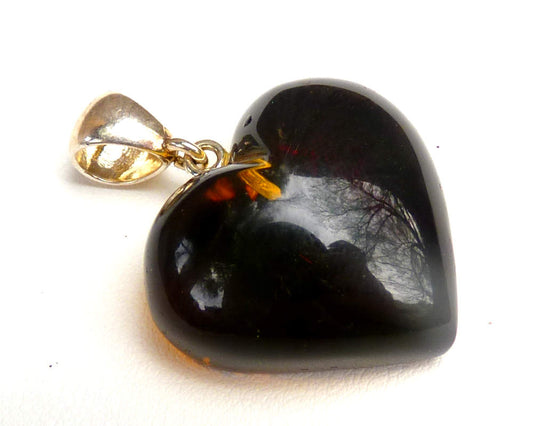 Baltic Amber Heart Pendant Cherry Olive Natural Carved 1.4" 5.3 gram 925 Silver