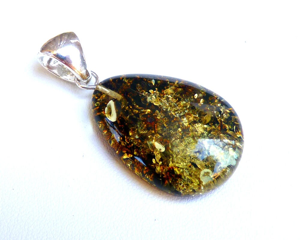 Baltic Amber Green Drop Pendant Sparkling Unisex 1.76" 5.5 gram 925 Silver