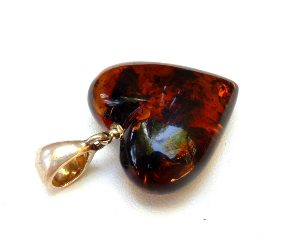 Baltic Amber Heart Pendant Cognac With Inclusions Natural 1.48" 5.5 gram 925 Silver