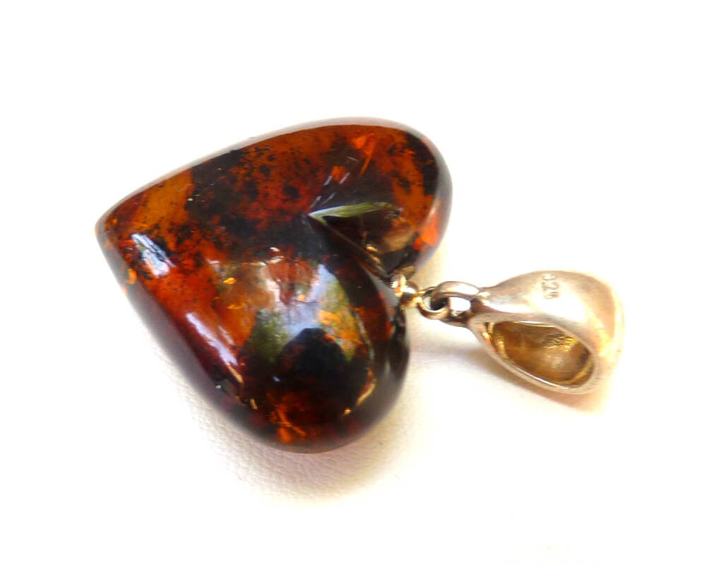 Baltic Amber Heart Pendant Cognac With Inclusions Natural 1.48" 5.5 gram 925 Silver