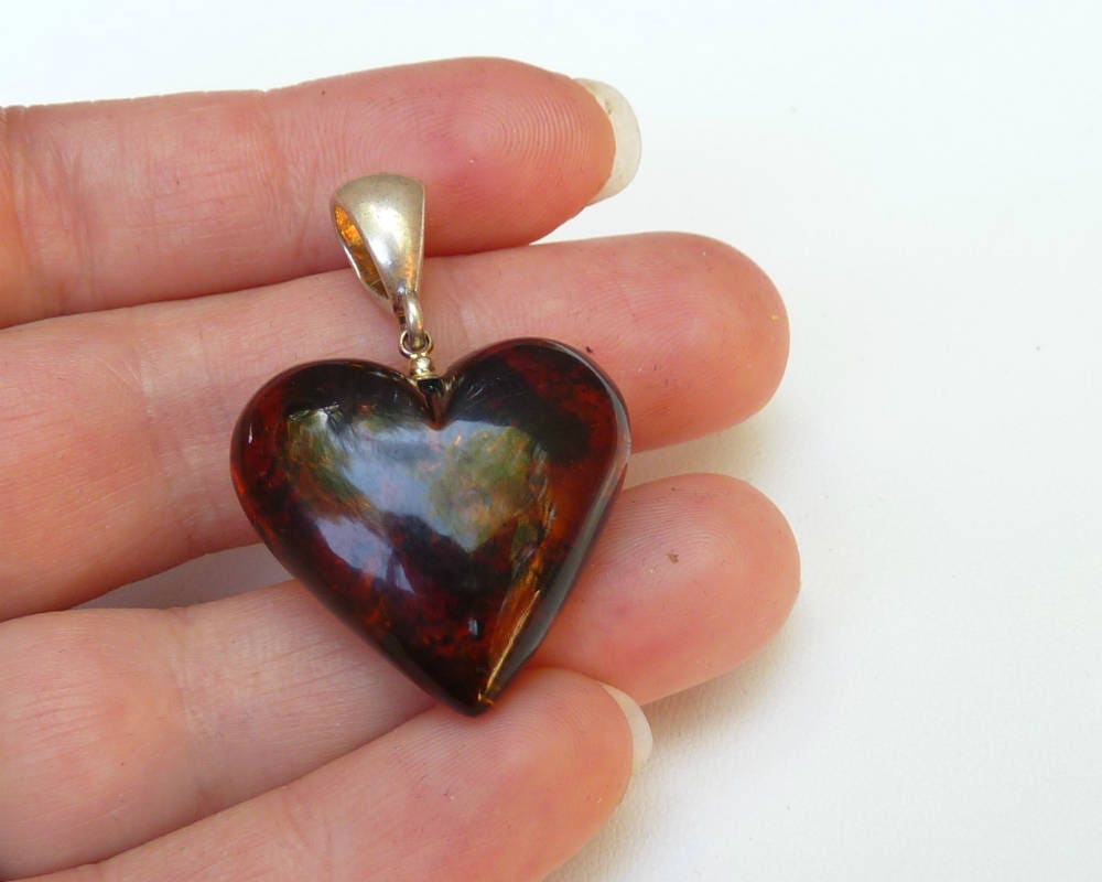 Baltic Amber Heart Pendant Cognac With Inclusions Natural 1.48" 5.5 gram 925 Silver