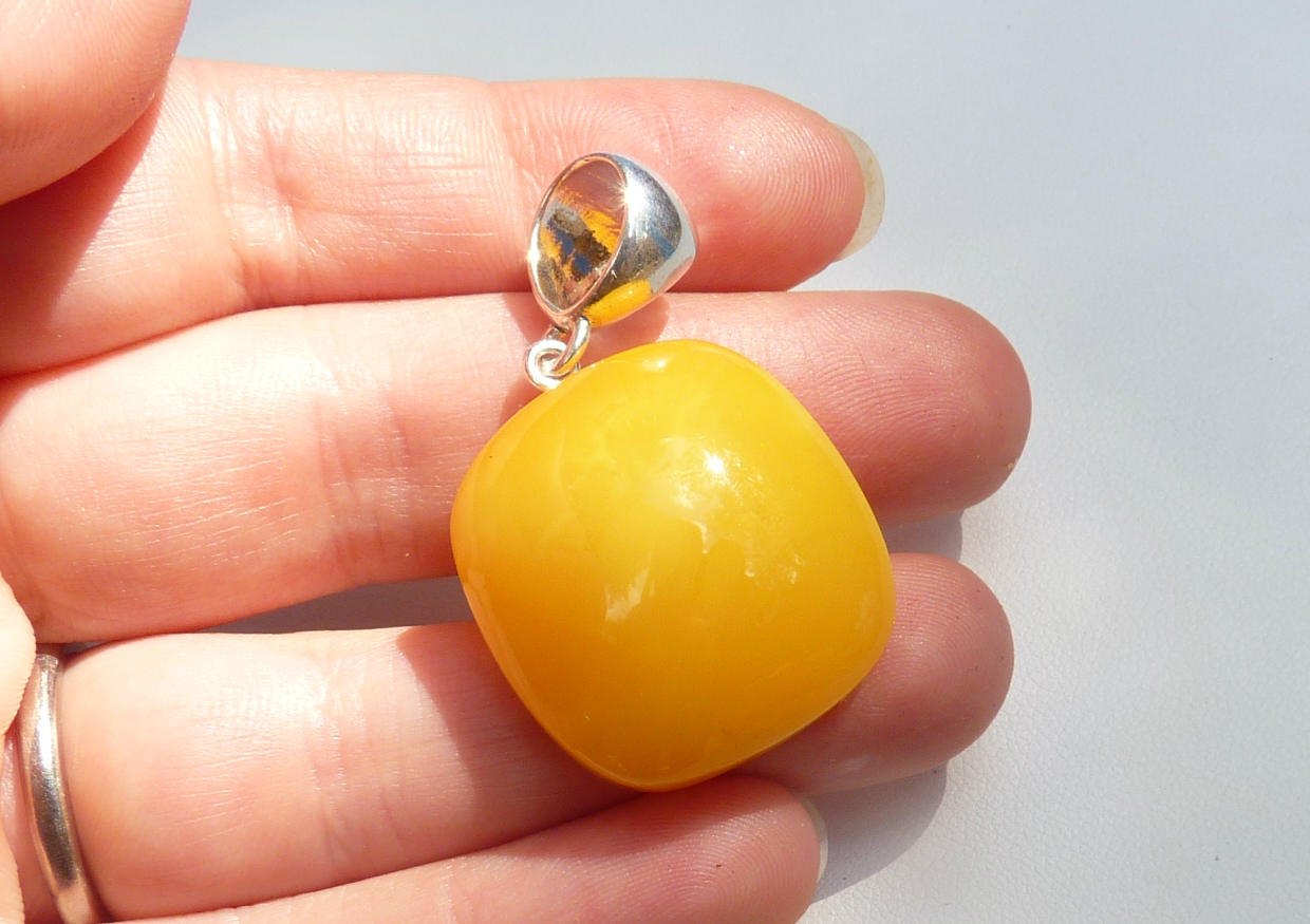 Baltic Amber Pendant Antique Butterscotch Cushion Yolk Natural Unisex 1.65" 6.5 gram 925 Silver