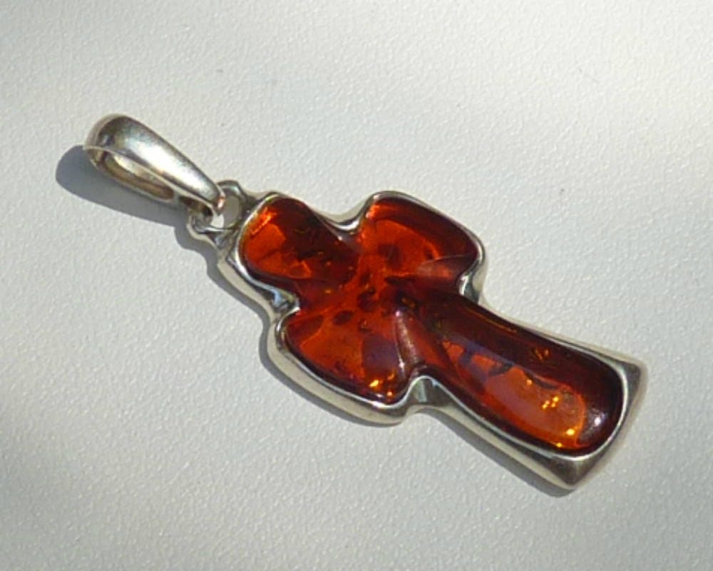 Baltic Amber Silver Cross Cognac Charm Unisex Natural 925 silver