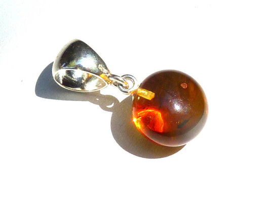 Baltic Amber Pendant with Fossil Insect Ball Fly Natural Untreated Honey 1.1" 2.5 gram 925 Silver