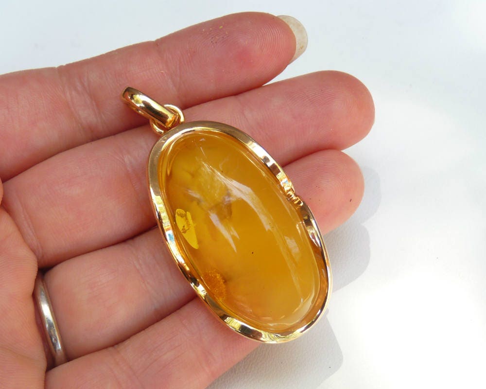 Baltic Amber Honey Pendant Gold Plated Cloudy Natural Untreated 2.18" 14.3 gram