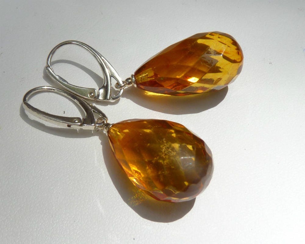 Baltic Amber Earrings Honey Faceted Drop Natural Jewelry 1.64" 4.8 gram 925 Silver