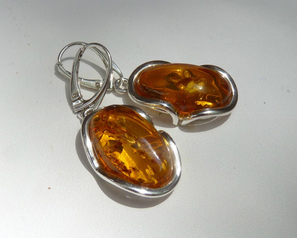 Baltic Amber Honey Earrings Natural Sparkling Oval Jewelry1.75" 11.2 gram 925 Silver