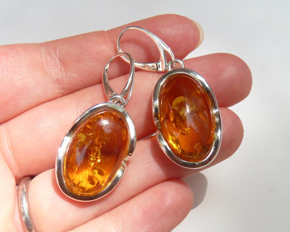 Baltic Amber Honey Earrings Natural Sparkling Oval Jewelry1.75" 11.2 gram 925 Silver