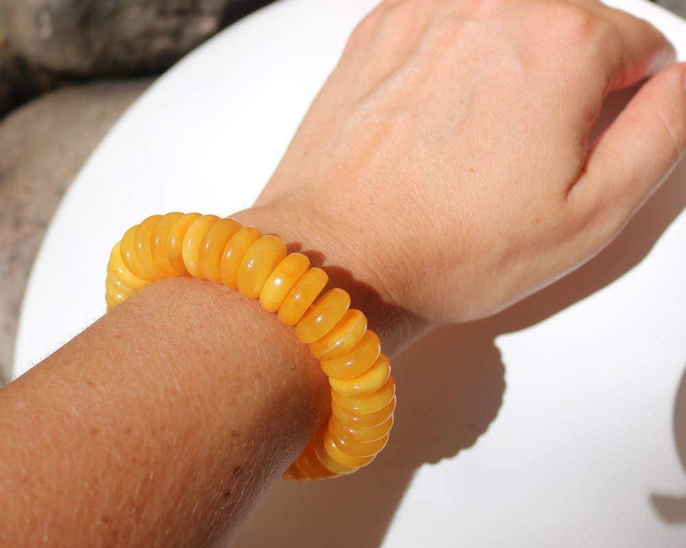 Baltic Amber Bracelet Disc Beads Antique Butterscotch Yolk Natural Unisex 25.6 gram