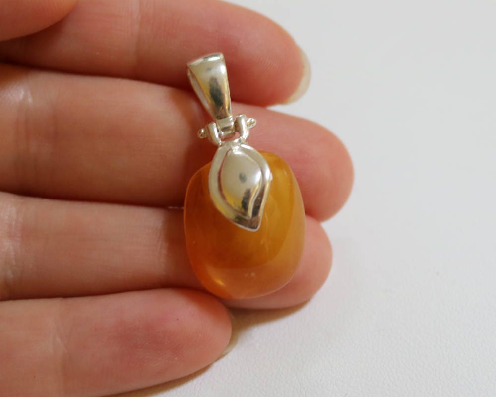 Baltic Amber Pendant Honey Cloudy Natural Untreated Unisex Jewelry 1.33" 4.1 gram 925 Silver