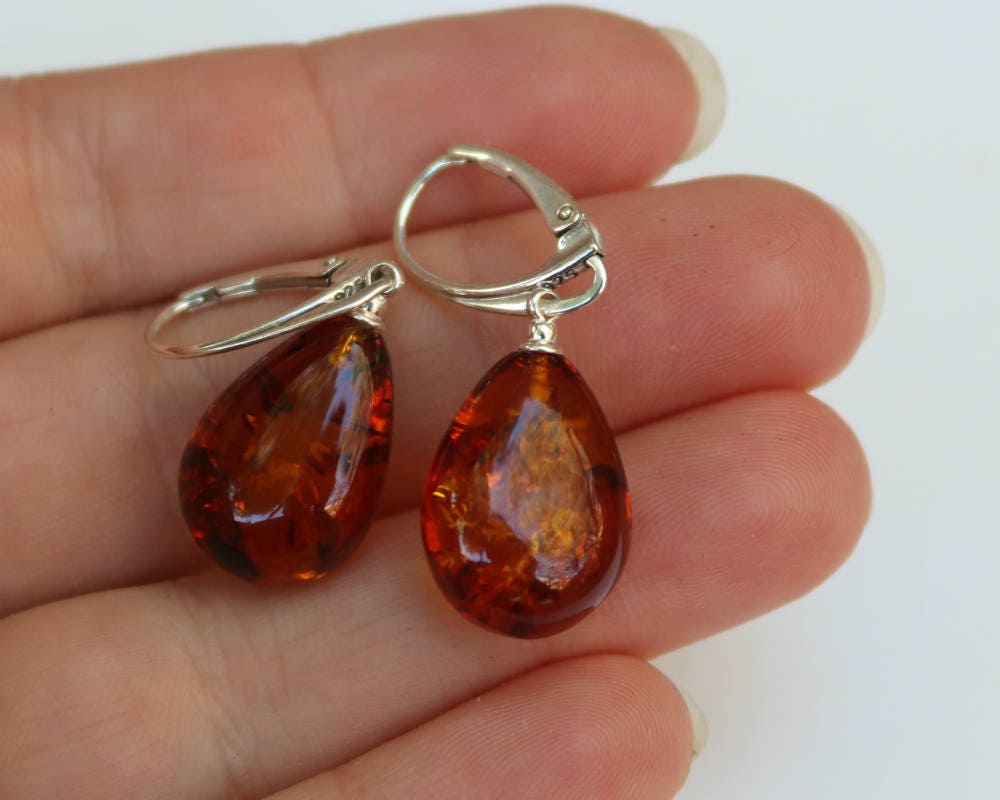 Baltic Amber Jewelry Drop Earrings Cognac Sparkling 1.59" 4.4 gram 925 Silver