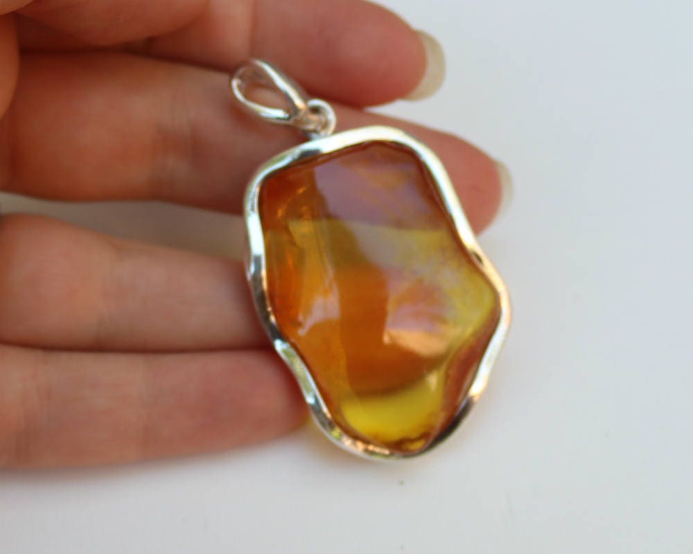 Baltic Amber Pendant Yellow Natural Untreated 2.34" 15.6 gram 925 Silver