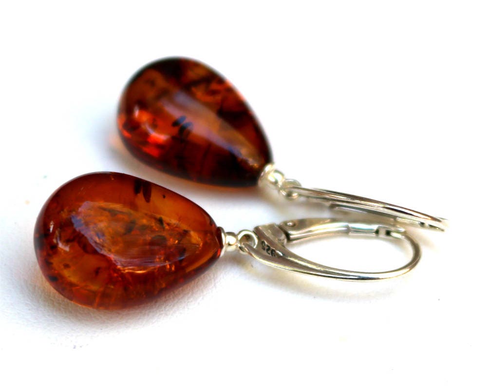 Baltic Amber Jewelry Drop Earrings Cognac Sparkling 1.59" 4.4 gram 925 Silver