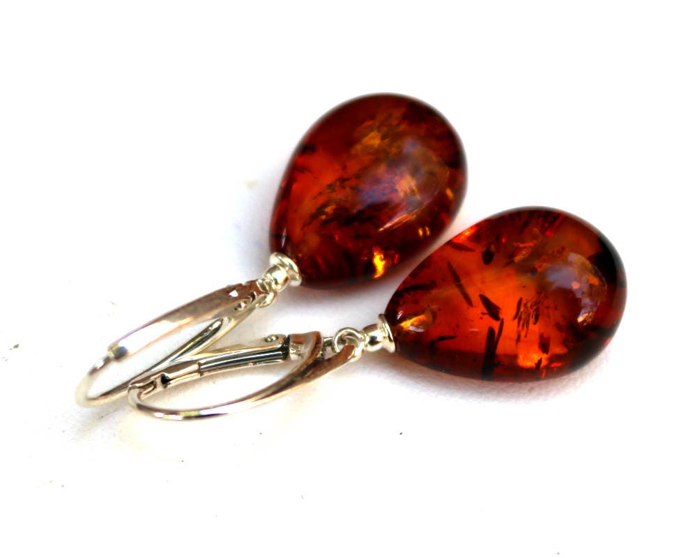 Baltic Amber Jewelry Drop Earrings Cognac Sparkling 1.59" 4.4 gram 925 Silver