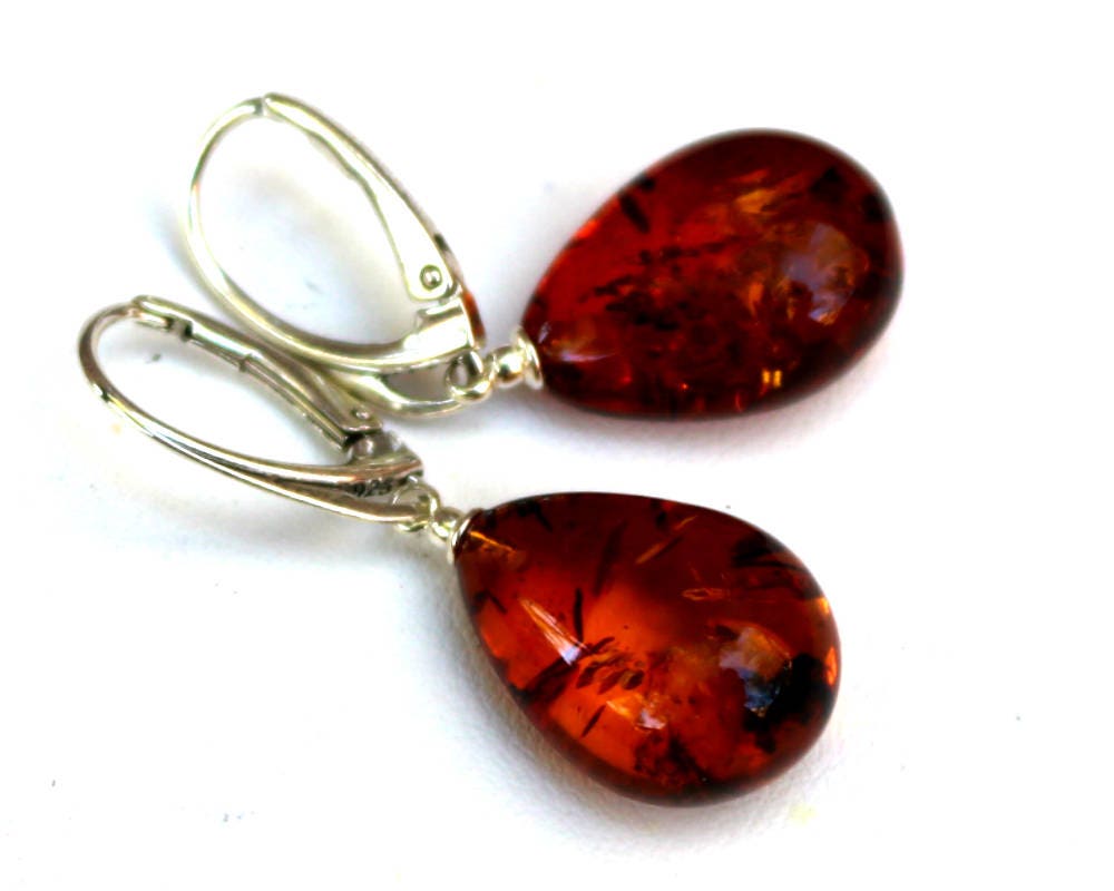 Baltic Amber Jewelry Drop Earrings Cognac Sparkling 1.59" 4.4 gram 925 Silver