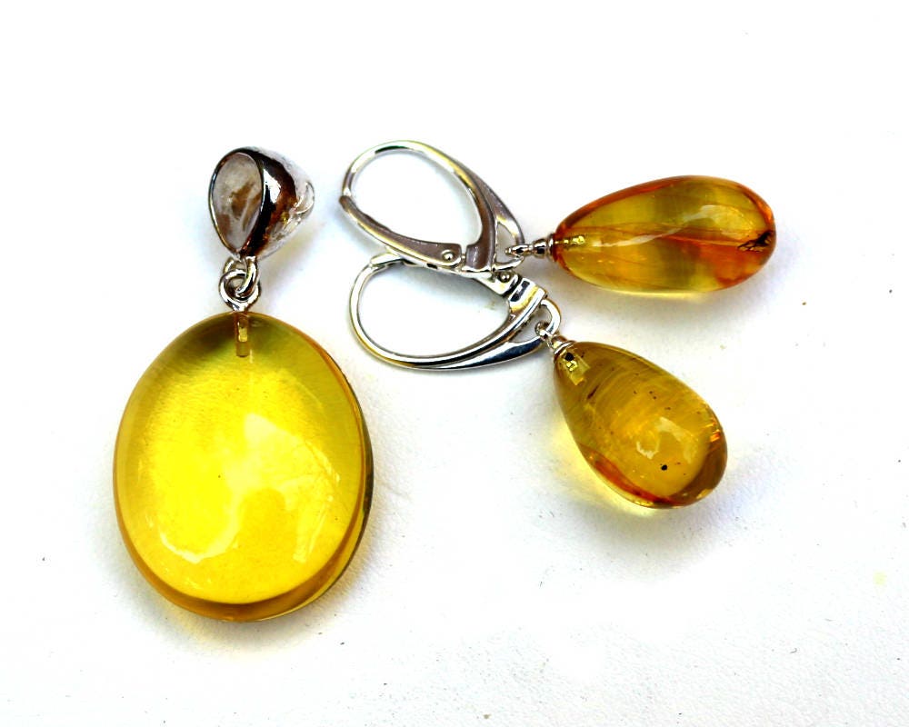 Baltic Amber Jewelry Set Yellow Drop Earrings and Pendant Lemon Natural Untreated Insect Inclusions 7.6 gram 925 Silver