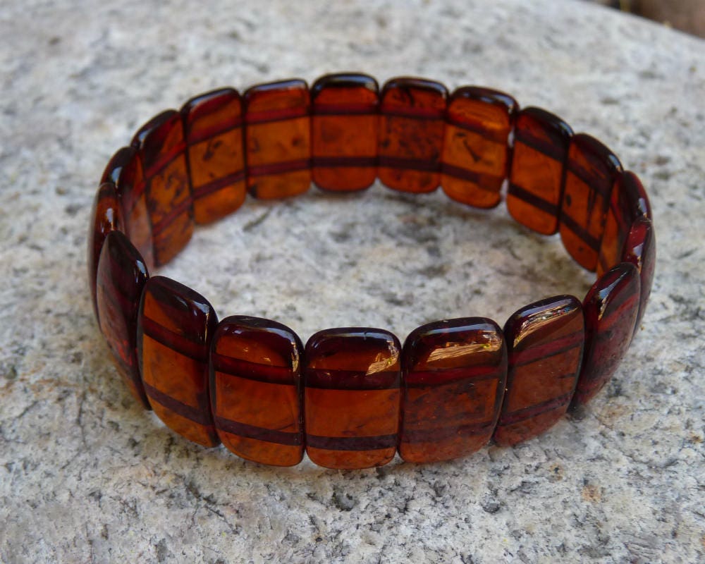 Baltic Amber Bracelet Cognac Beaded Stretch Natural Unisex Jewelry 8" 12.5 gram