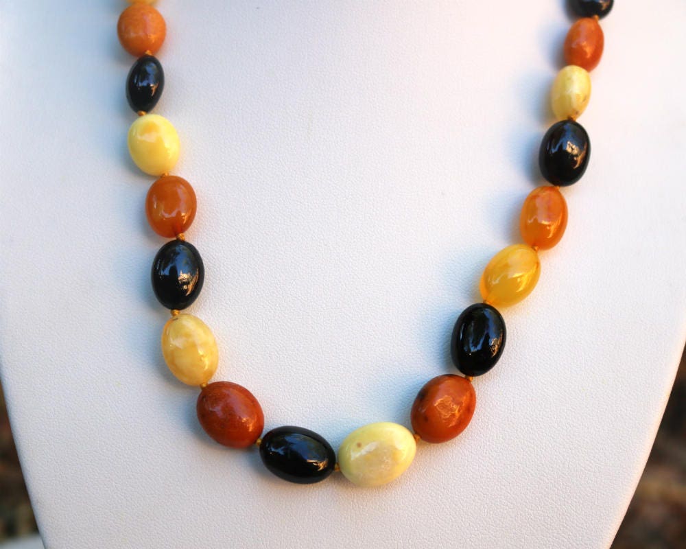 Baltic Amber Multicolor Necklace Olive Beads Natural 17.7" 16.7 gram