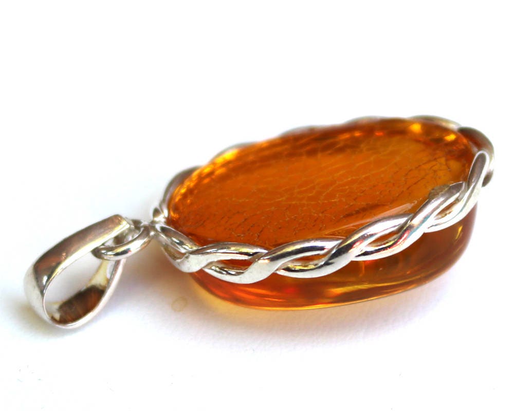 Baltic Amber Pendant Honey Natural Untreated Oval Unisex Jewelry 2" 925 Silver 11.2 gram