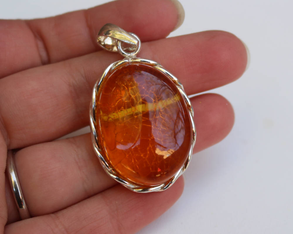 Baltic Amber Pendant Honey Natural Untreated Oval Unisex Jewelry 2" 925 Silver 11.2 gram