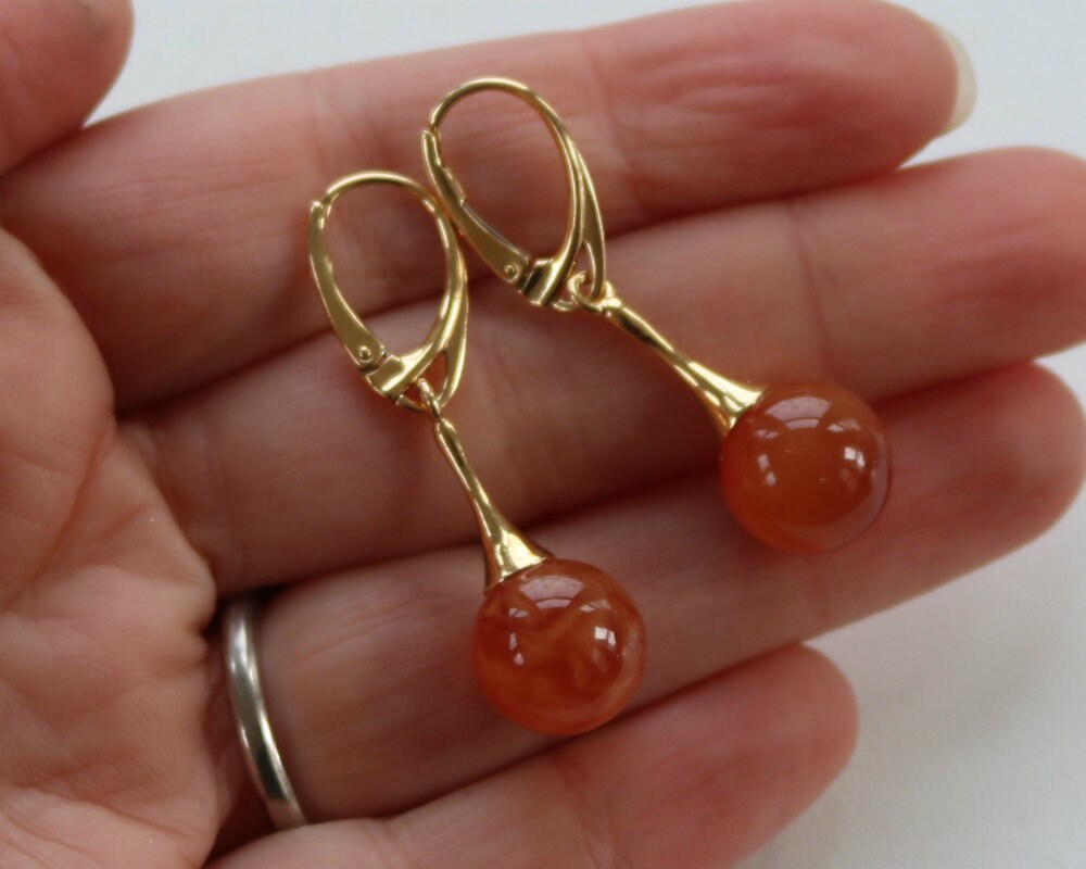 Baltic Amber Earrings Pink Rose Ball Gold Plated Dangling Jewelry 11 mm 1.6" 3.9 gram