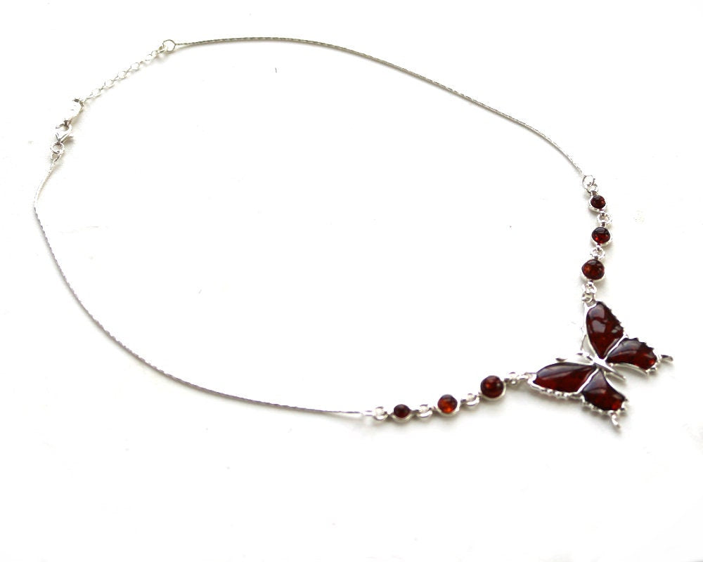 Baltic Amber Butterfly Necklace Chain Cherry Adjustable Natural Jewelry 18.5 - 16.7" 925 Silver