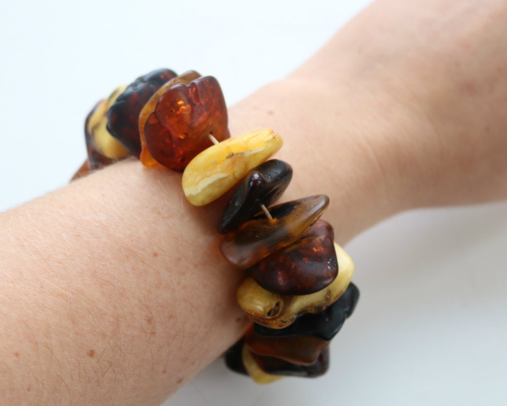 Baltic Amber Bracelet Chunky Multicolor Raw Beads Natural Untreated Unisex Jewelry 7.5" 79.1 gram