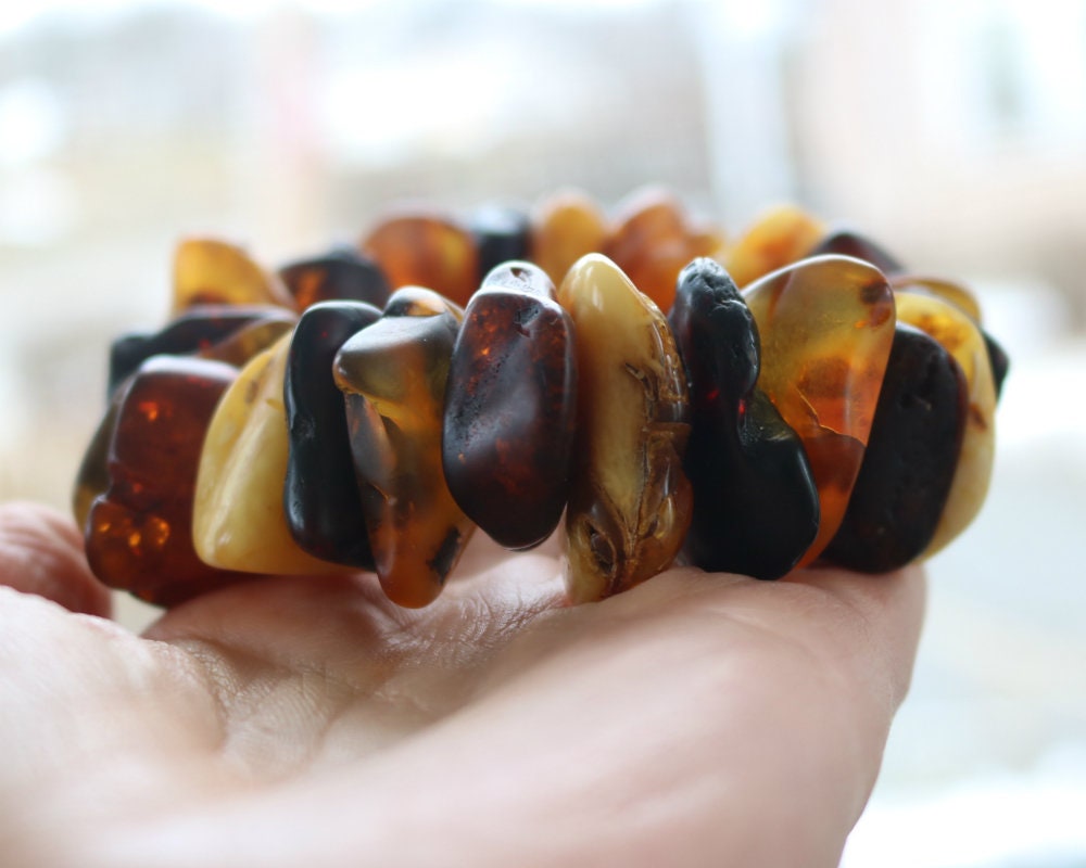 Baltic Amber Bracelet Chunky Multicolor Raw Beads Natural Untreated Unisex Jewelry 7.5" 79.1 gram