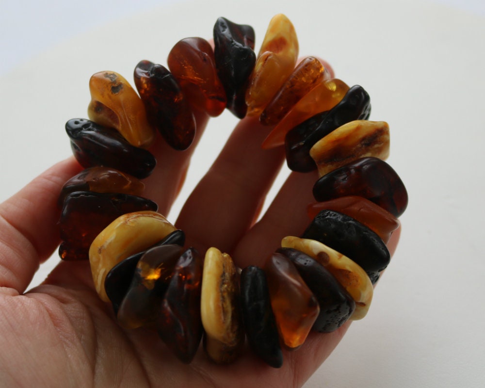 Baltic Amber Bracelet Chunky Multicolor Raw Beads Natural Untreated Unisex Jewelry 7.5" 79.1 gram