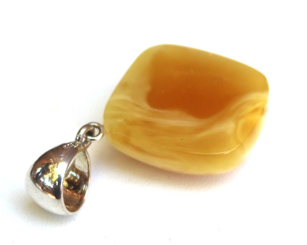 Baltic Amber Pendant Butterscotch Cushion Milky Unisex Jewelry 1.76" 6.1 gram 925 Silver