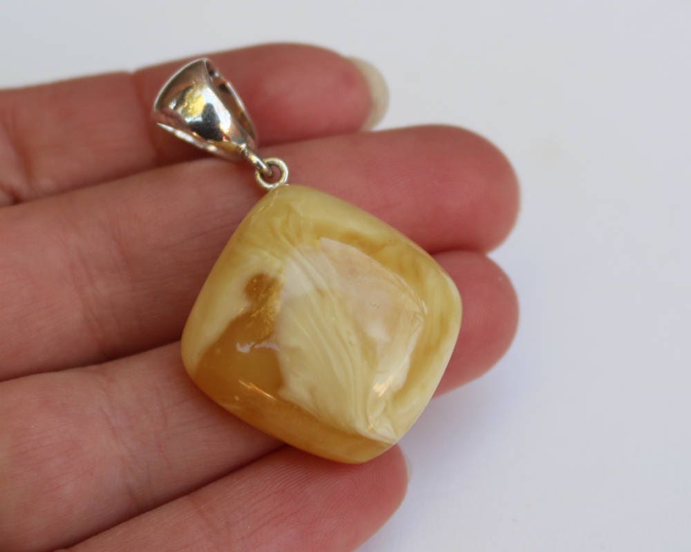 Baltic Amber Pendant Butterscotch Cushion Milky Unisex Jewelry 1.76" 6.1 gram 925 Silver