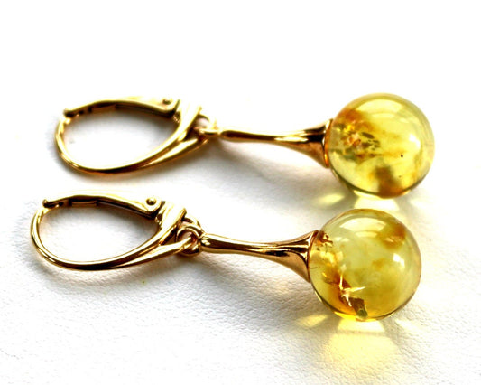 Baltic Amber Earrings Yellow Lemon Gold Plated Dangling Jewelry 11 mm 1.61" 3.9 gram