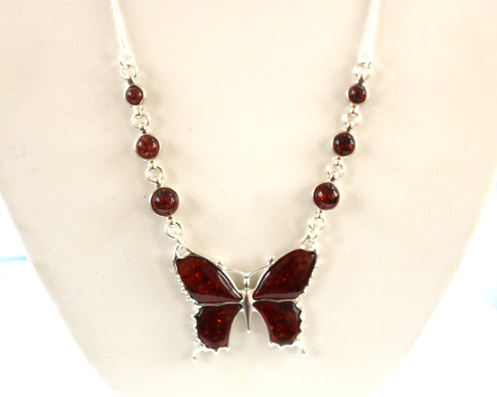 Baltic Amber Butterfly Necklace Chain Cherry Adjustable Natural Jewelry 18.5 - 16.7" 925 Silver