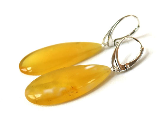 Baltic Amber Earrings Yellow Drop Jewelry Cloudy Natural Dangling 2" 4.5 gram 925 Silver