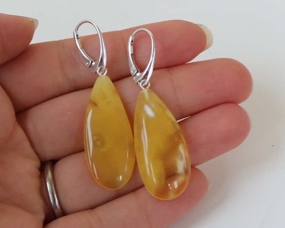 Baltic Amber Earrings Yellow Drop Jewelry Cloudy Natural Dangling 2" 4.5 gram 925 Silver