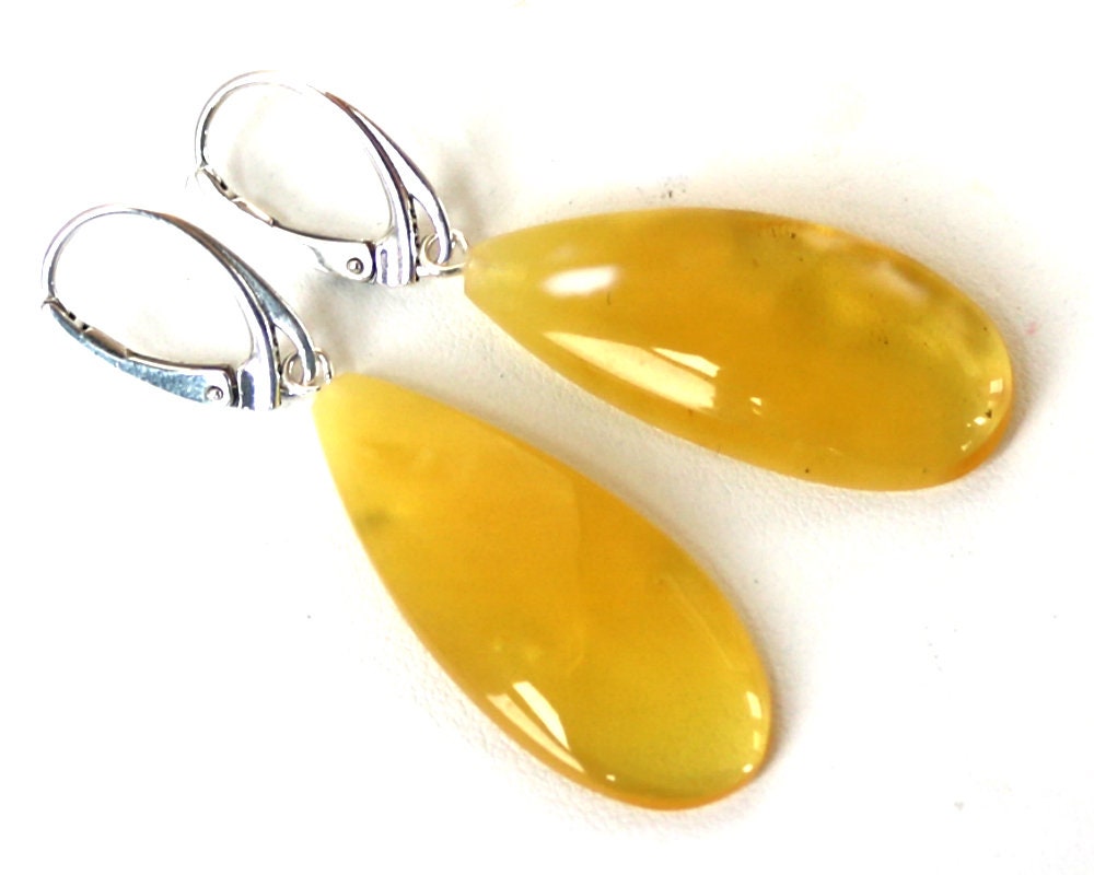 Baltic Amber Earrings Yellow Drop Jewelry Cloudy Natural Dangling 2" 4.5 gram 925 Silver