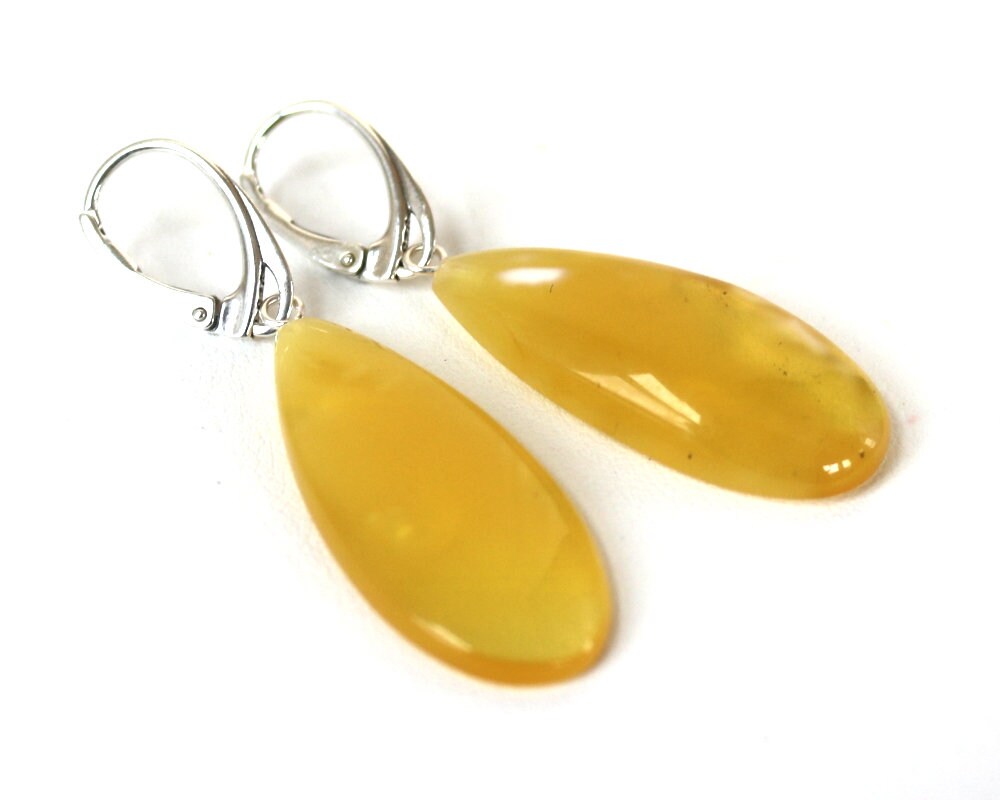 Baltic Amber Earrings Yellow Drop Jewelry Cloudy Natural Dangling 2" 4.5 gram 925 Silver